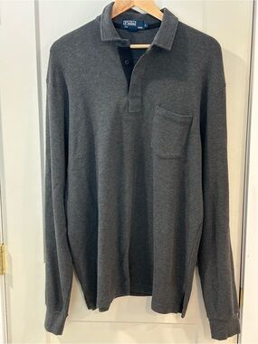 VTG Polo Ralph Lauren Long Sleeve Pocket Polo Shirt Charcoal Grey Preppy Large